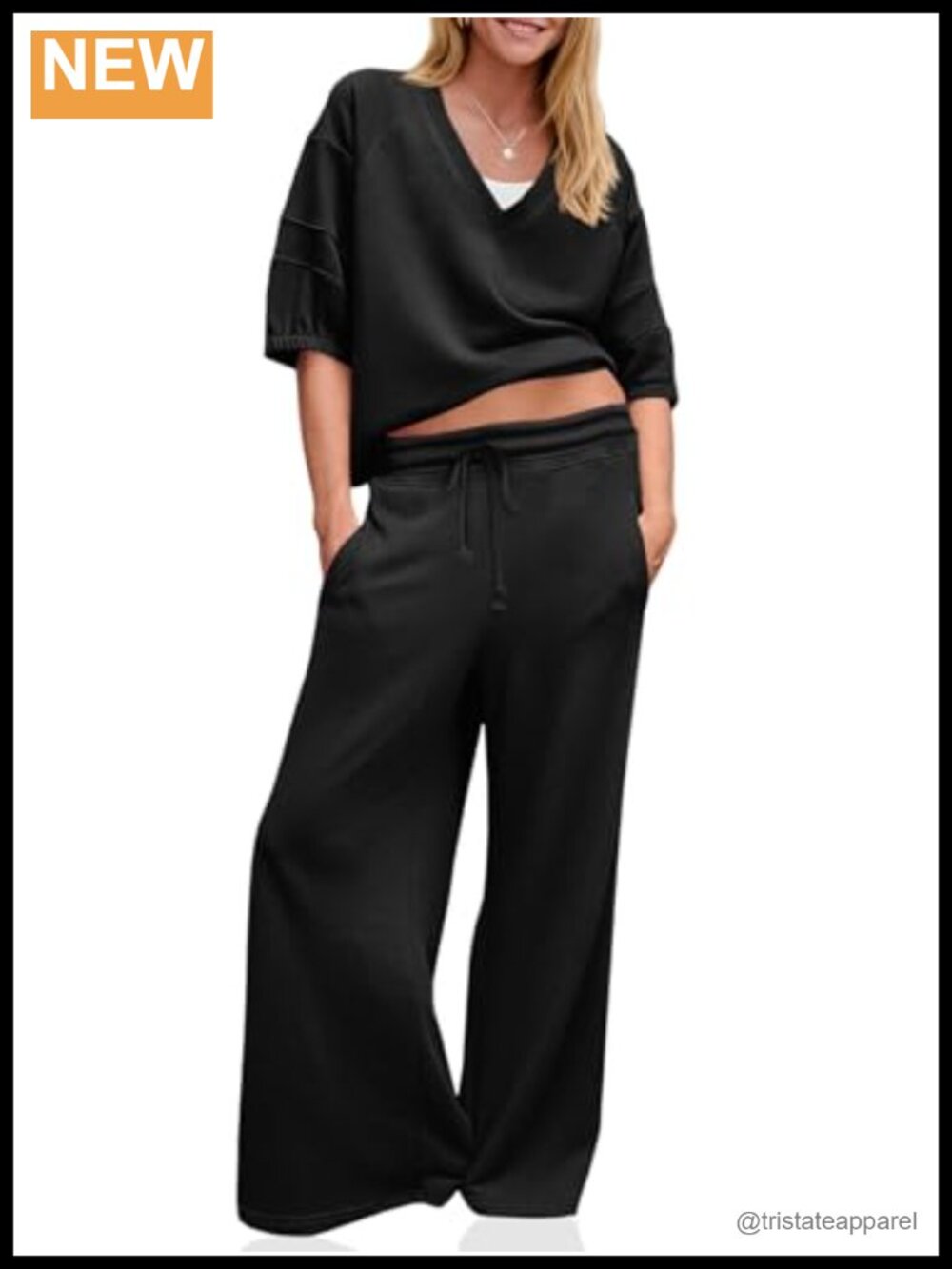 Fisoew Women's 2 Piece Outfit V Neck Top Wide Leg Pants Loose Workout Set
